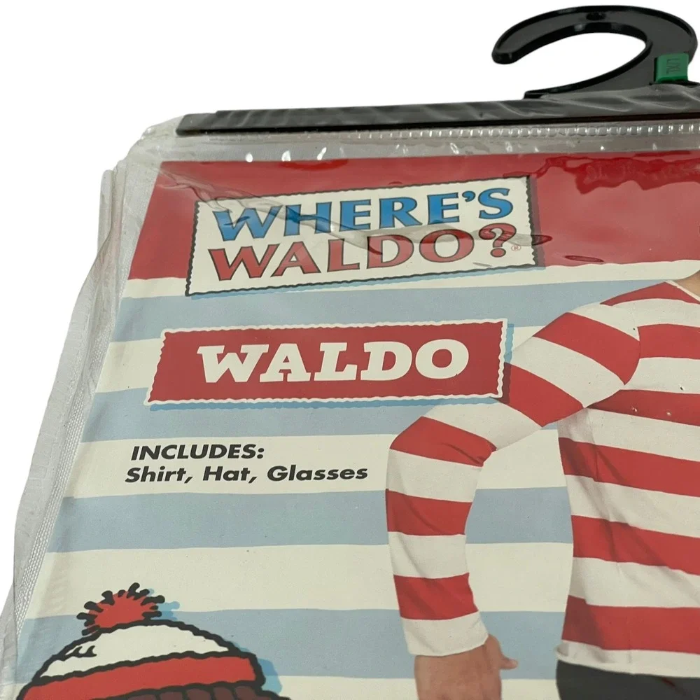 Where's Waldo Adult Halloween Costume Sz L / XL Shirt Hat Glasses